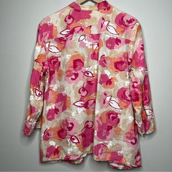 JM Collection Women 100% Linen Button Down Top Medium Pink Floral Embroidered - Picture 5 of 8